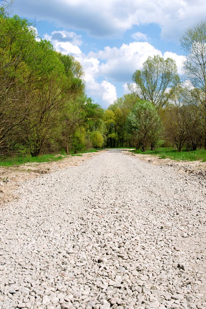 Country gravel dirt road with green lush trees, view from driveway in countryside. Vertical photo.